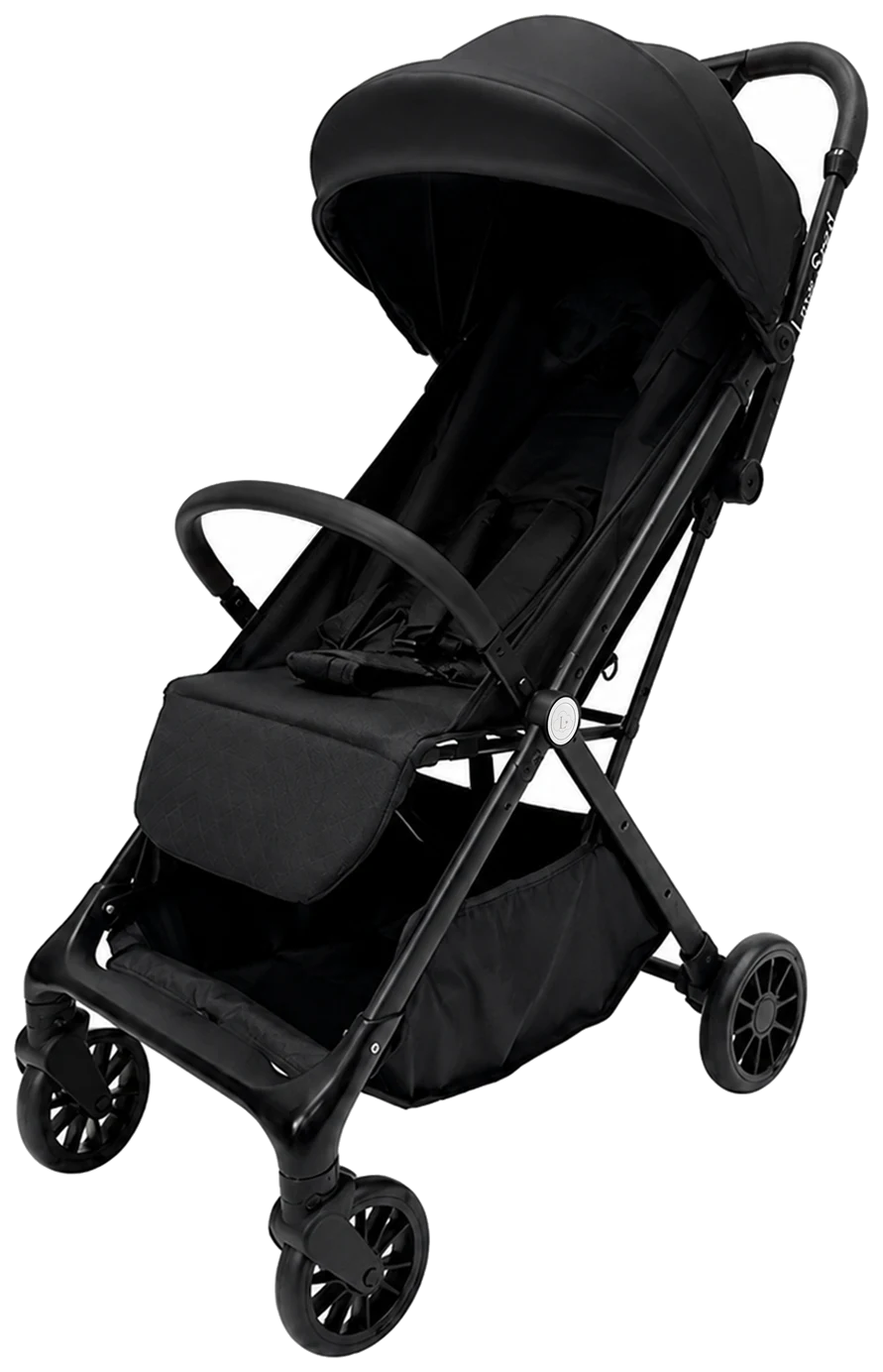 The Lunelle Amélie stroller in black, three-quarter view with the seat and canopy up.
