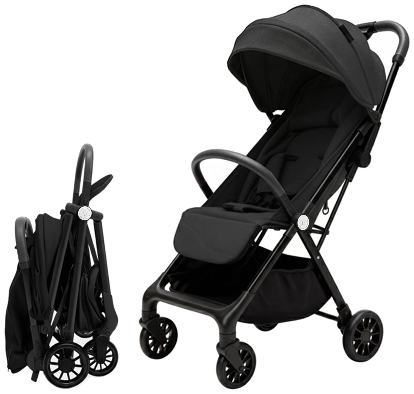 The Lunelle Amélie in black shown open beside the same stroller folded down and standing on its own.