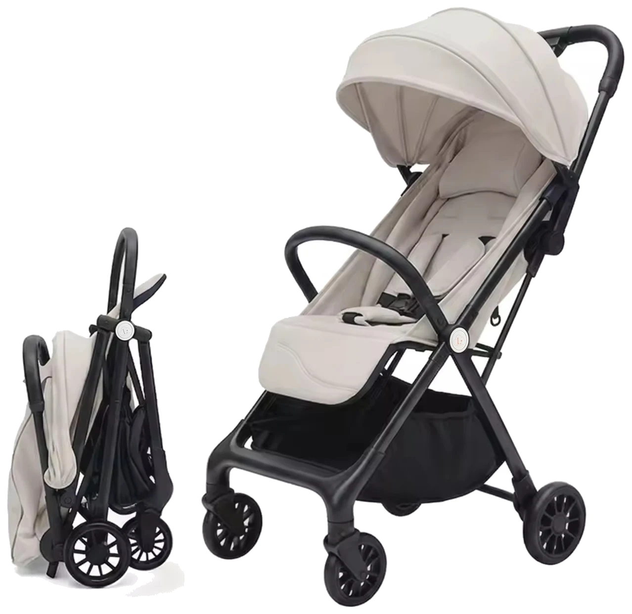 The Lunelle Amélie in cream shown open beside the same stroller folded down and standing on its own.