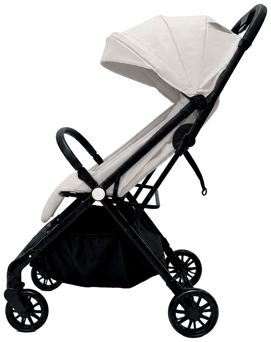 The Lunelle Amélie in cream, side view with the canopy extended.